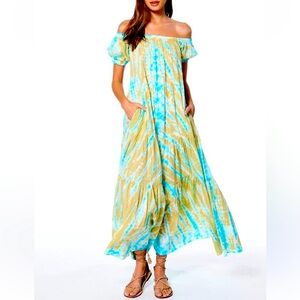 Young Fabulous & Broke cotton tie-die tiered maxi dress olive/turquoise M